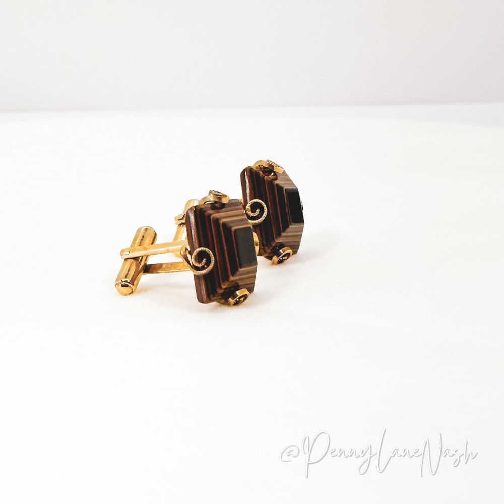 Vintage Brown Square Geometric Cuff Links in Gold Plated - Picture 2 of 6